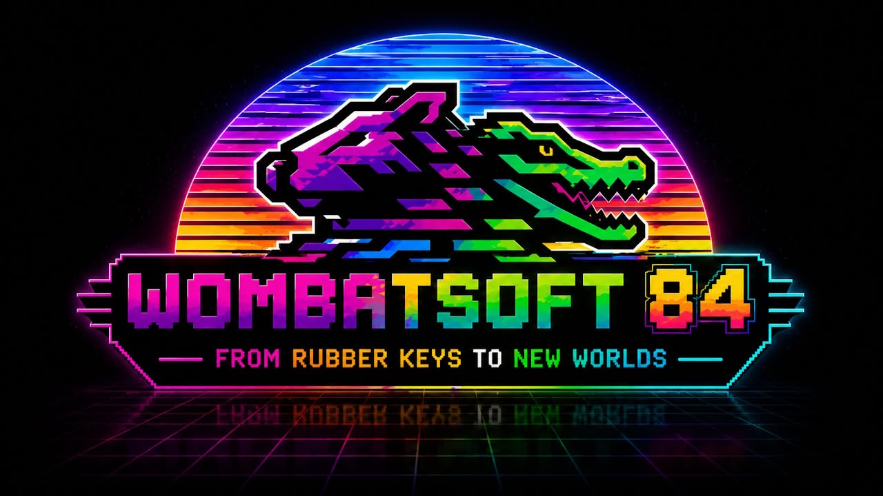 WOMBATSOFT 84 logo artwork with the line From Rubber Keys to New Worlds